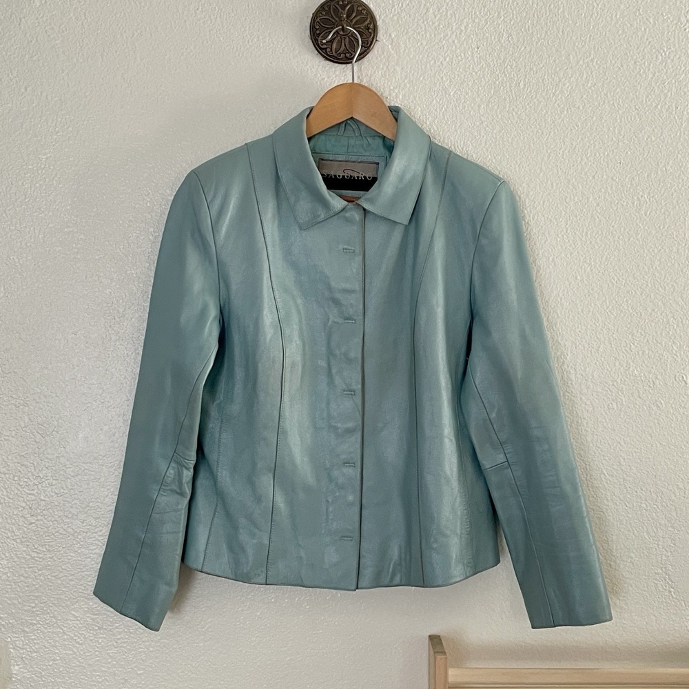 Vintage Saguaro Seafoam Blue Leather Jacket Minimalist 90s Jacket Small